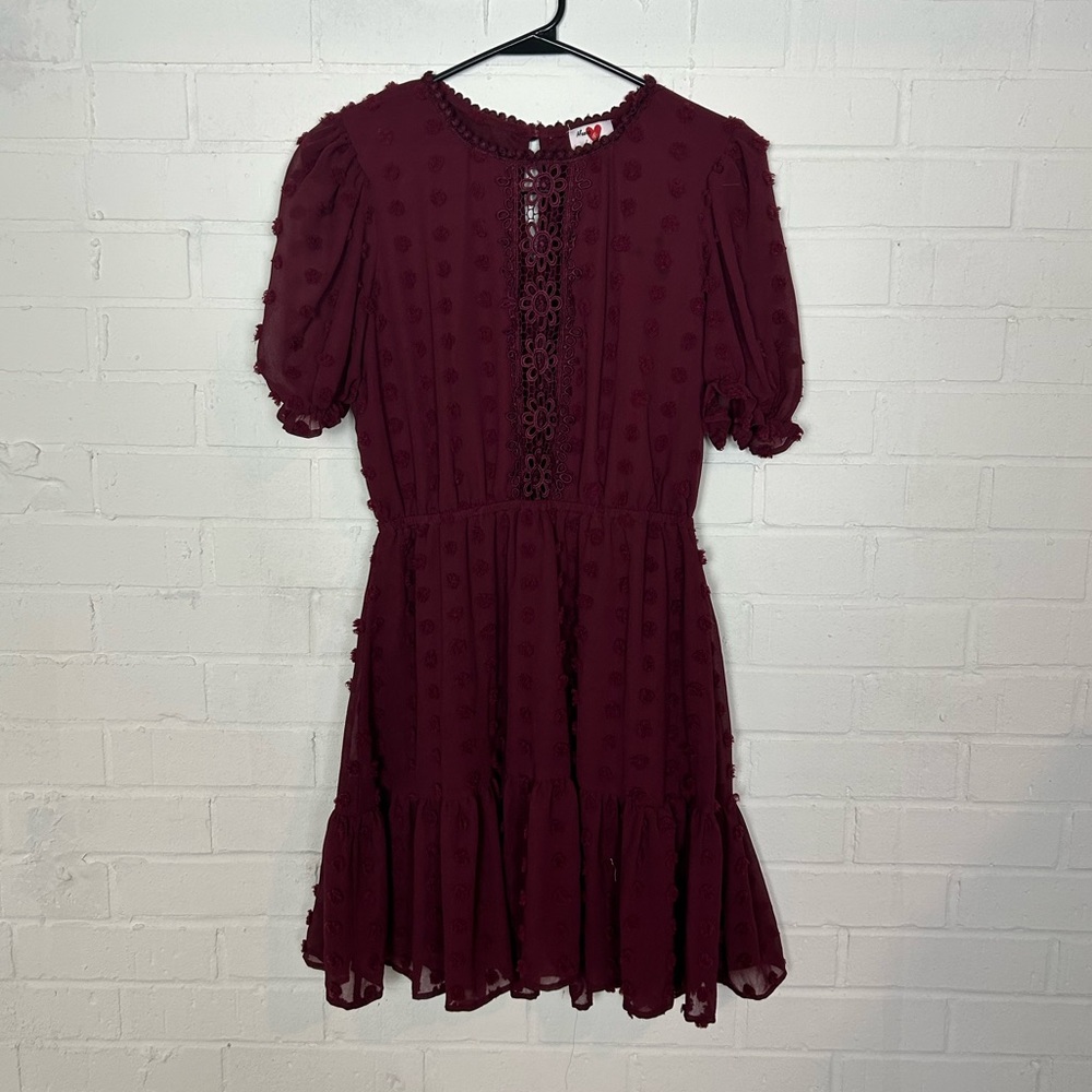 Heart & Heels Burgundy Textured Dress with Puff Short Sleeves - Picture 1 of 6